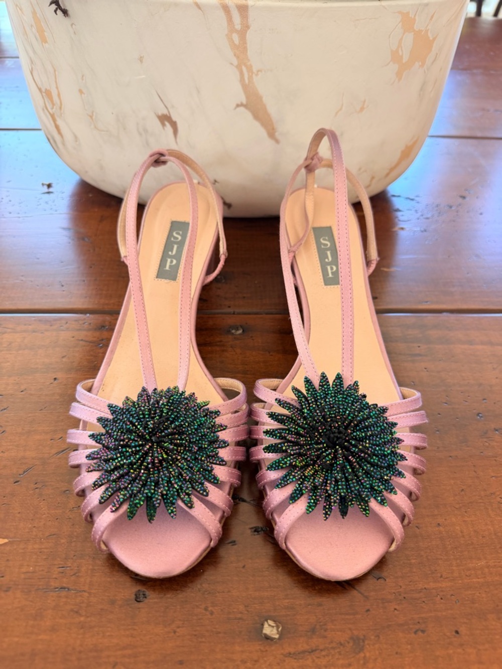 SJP Sarah Jessica Parker - Pink Beaded Floral Slingback Sandals